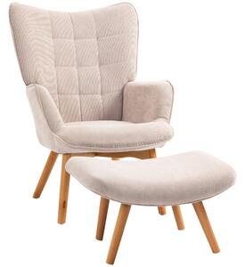HOMCOM Poltrona Relax con Pouf Poggiapiedi in Velluto a Costine con Schienale Alto e Braccioli, Beige