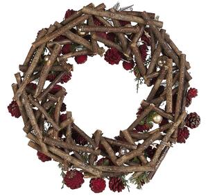 Corona di Natale in legno scuro con pigne in legno sintetico rosso design tradizionale tonda 50 cm Beliani