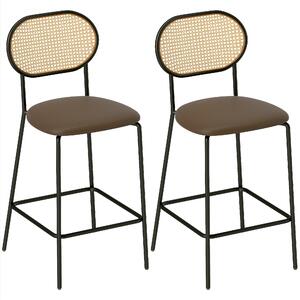 HOMCOM Set di 2 Sgabelli da Cucina con Schienale in Rattan Seduta in PU Struttura in Acciaio e Poggiapiedi Marrone | Aosom Italy