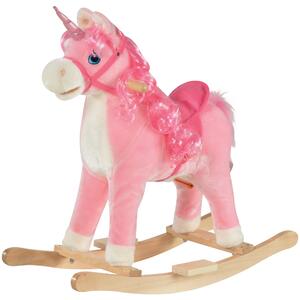 HOMCOM Cavallo a Dondolo per Bambini 36-72 Mesi, Unicorno a Dondolo con Suoni in Legno e Peluche Rosa, 74x33x62cm|Aosom