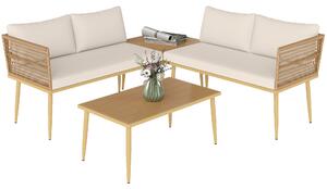 Outsunny Set Salotto da Esterno in Rattan PE con 2 Divani a 2 Posti con Cuscini e 2 Tavoli da Caffè, Colore Legno