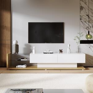 Mobile TV Moderno stile country con colori bianco lucido e legno, pannelli in vetro e illuminazione a LED, Bianco