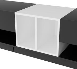 Mobile TV Basso con Pannello Lucido in Combinazione Bianco e Nero. Design a Blocchi di Colore, Cassetti, Ripiani e Spazi per Riporre, Nero