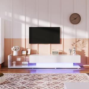 Mobile TV bianco lucido con pavimenti in vetro e illuminazione a L, Bianco