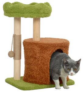 PawHut Albero Tiragraffi per Gatti con Casetta, Lettino e Pallina Giocattolo, in Legno e Peluche, 44x33x61 cm, Verde