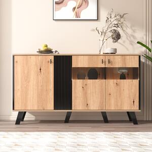 Credenza Design in Legno e Nero 140 x 78 x 41 cm con Illuminazione a LED, Vetro e Ampio Spazio per Riporre, Naturale