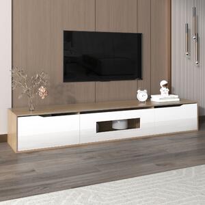 Mobile TV Moderno in Bianco Lucido e Legno, Illuminazione LED a Cambio Colore, 180x35x30 cm, Bianco