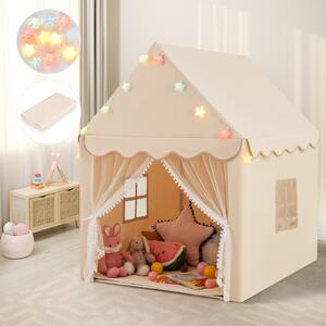 Costway Tenda da gioco per bambini con tappetino lavabile con luci a forma di stella, Tenda castello fatato per cameretta e sala giochi Beige
