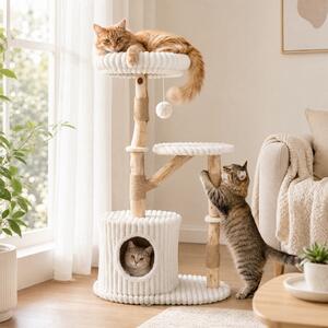 Costway Albero tiragraffi per gatti alto 105 cm mobile interno per animali, Torre per gatti in legno trespolo imbottito e cuccia Beige
