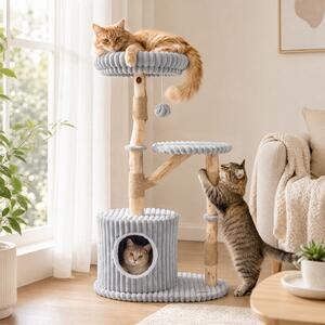 Costway Albero tiragraffi per gatti alto 105 cm mobile interno per animali, Torre per gatti in legno trespolo imbottito e cuccia Grigio