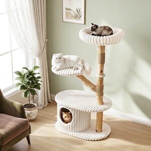 Costway Albero per gatti alto 105 cm a 4 livelli cuscino rimovibile, Tiragraffi per gatti in legno di pero per soggiorno e camera Beige
