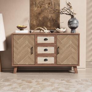 Credenza con Motivo a Spina di Pesce, Tre Cassetti e Due Ante, Gambe in Legno Massello, color Legno Naturale