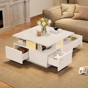 Tavolino da caffè, dimensioni 70 x 70 x 40 cm, realizzato in pannello di particelle di legno al 100%, colore bianco, dotato di 4 cassetti, design a 3 strati e barra luminosa LED con controllo tramite app