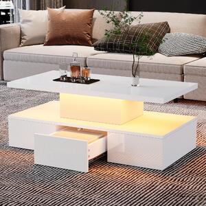 Tavolino da divano, dimensioni 100 x 50 x 39 cm, realizzato in pannello di particelle al 100%, colore bianco, forma rettangolare, con ripiano aperto, 1 cassetto e illuminazione a LED