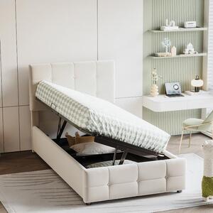 Letto per bambini 90x200 cm, imbottito, con spazio contenitore, cassone sollevabile idraulico, poggiatesta regolabile in altezza e rivestito in velluto color beige