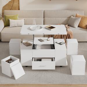 Tavolino da divano, dimensioni 100 x 50 x 45 cm, realizzato in pannello di particelle al 100%, colore bianco, con altezza regolabile, estendibile fino a 100 x 100 cm, dotato di 1 cassetto e 4 poggi piedi