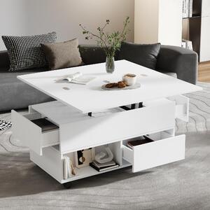 Tavolino da divano, dimensioni 100x50x52 cm, realizzato in pannello di particelle al 100%, colore bianco. Tavolino da divano con altezza regolabile, dotato di 4 cassetti, 4 ruote e vani aperti