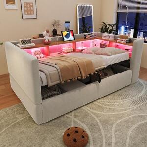 Divano letto 90x190 cm con vano contenitore idraulico, illuminazione a LED, presa di corrente e ripiani, rivestito in grigio chiaro, ideale per camere da letto o piccoli appartamenti