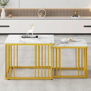 Set di 2 tavolini, dimensioni 60x60x45 cm e 45x45x40 cm, realizzati in MDF al 100%, colore bianco, forma quadrata, impilabili, con piedini regolabili in altezza