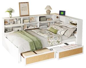 Divano letto 140x200 cm in legno massello, con porta USB e presa di corrente, letto con cassetti e vani contenitori, colore bianco, ideale per la camera da letto