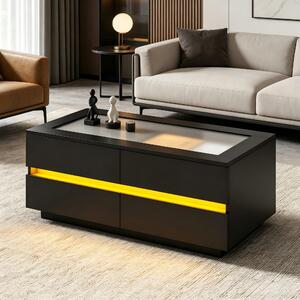 Tavolino da salotto, dimensioni 100x50x40 cm, realizzato in pannello di particelle al 100%, con piano in vetro nero, 4 cassetti, piano in vetro temperato, illuminazione LED e frontali in finitura lucida