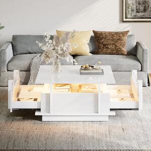 Tavolino da divano, dimensioni 70 x 70 x 35 cm, realizzato in pannello di particelle al 100%, colore bianco, piano quadrato, dotato di 2 cassetti e illuminazione a LED