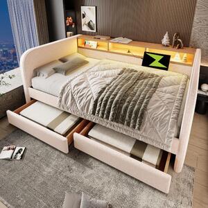 Divano letto 90x200 cm in velluto color grigio scuro, con vano contenitore a sistema idraulico, schienale illuminato a LED, ripiano portaoggetti, presa di corrente, porte USB e di tipo C, e rete a molle