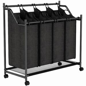 HOMCOM Cesto Portabiancheria in Acciaio 108L con Ruote e 4 Sacchi in Poliestere, Capacità 20 kg, Nero | Aosom Italy