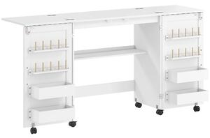 HOMCOM Tavolo da Cucito Pieghevole con Ruote, Contenitori e Ripiano, Bianco | Aosom Italy