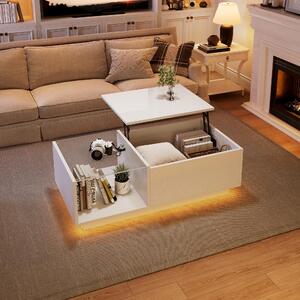 Tavolino da divano, dimensioni 100 x 50 x 33-46,5 cm, realizzato in pannello di particelle al 100%, colore bianco, con altezza regolabile, dotato di spazio contenitivo nascosto, ripiano aperto e illuminazione a LED