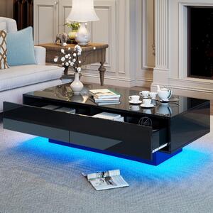 Tavolino da caffè, dimensioni 115 x 55 x 34 cm, realizzato in pannello di particelle di legno al 100%, colore nero, dotato di 2 cassetti e illuminazione LED, con pannelli in finitura lucida