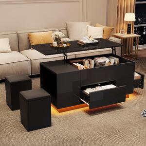 Tavolino da salotto, dimensioni 100 x 50 x 45 cm, con piano regolabile in altezza, realizzato in pannello di particelle nero, dotato di 2 cassetti, illuminazione LED e spazio contenitivo nascosto