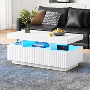 Tavolino da divano, dimensioni 100 x 50 x 45 cm, realizzato in pannello di fibra di legno (PB) al 100%, colore bianco, dotato di 2 cassetti, vano centrale aperto e striscia LED controllabile tramite app