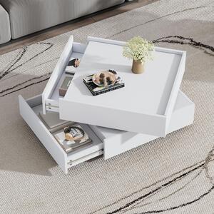 Tavolino da divano, dimensioni 60x60x38 cm, realizzato in pannello di particelle al 100%, colore bianco, tavolino girevole a 360°, dotato di 2 cassetti e ripiano