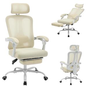 Sedia da ufficio ergonomica - Sedia girevole da scrivania - Supporto lombare regolabile - Poggiapiedi ribaltabile - Schienale alto in rete - Seduta imbottita - Beige