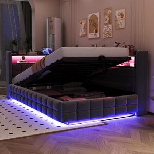 Divano letto 90x200 cm con vano contenitore a pistone idraulico, barra luminosa a LED, presa di corrente, porte USB e di tipo C, rivestito in velluto grigio con scaffali in legno
