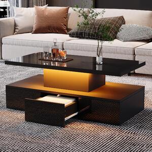 Tavolino da salotto, dimensioni 100 x 50 x 39 cm, realizzato in pannello di particelle al 100%, colore nero, con illuminazione LED controllabile tramite telecomando, superficie lucida, dotato di 1 cassetto
