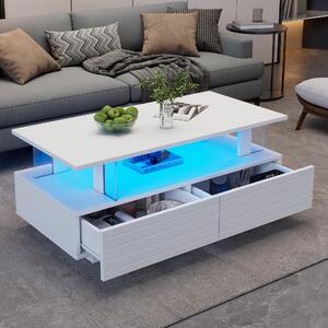 Tavolino da caffè, dimensioni 100 x 50 x 42 cm, realizzato in pannello di particelle di legno al 100%, con piano in vetro acrilico, colore bianco, dotato di illuminazione a LED, 2 cassetti e ripiano aperto