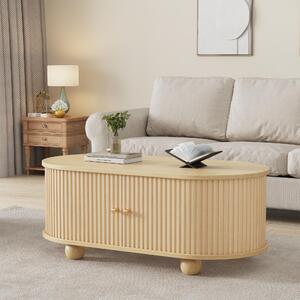 Tavolino da salotto, dimensioni 100 x 50 x 40 cm, realizzato in MDF al 100%, finitura effetto legno, forma ovale, con vano contenitore, ante scorrevoli e ripiano aperto
