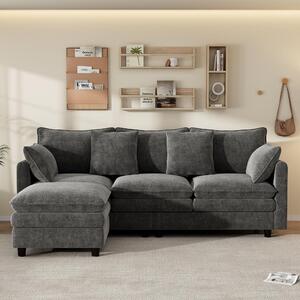 Divano angolare a forma di L, grigio, con tre posti, dotato di chaise longue, rivestito in tessuto chenille, dimensioni 212x150x90 cm, ideale per il soggiorno