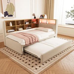Divano letto 90x200 cm con letto estraibile 90x190 cm, rivestito in flanella color beige, con illuminazione LED, porta USB di tipo C e presa di corrente, dotato di vani portaoggetti
