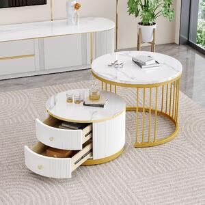 Tavolino da salotto componibile, composto da due elementi: uno di 60x60x45,5 cm e uno di 50x50x32 cm. Realizzato in MDF al 100%, con finitura bianca e forma circolare. Dotato di 2 cassetti e con effetto marmo