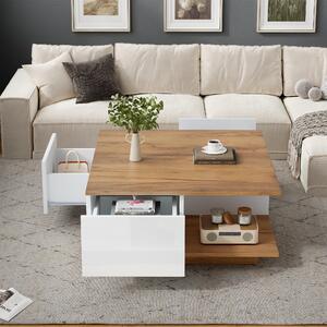 Tavolino da caffè, dimensioni 70 x 70 x 31,5 cm, realizzato in pannello di particelle al 100%, colore bianco con finitura effetto legno, forma quadrata, dotato di 3 cassetti e vano contenitore parzialmente aperto