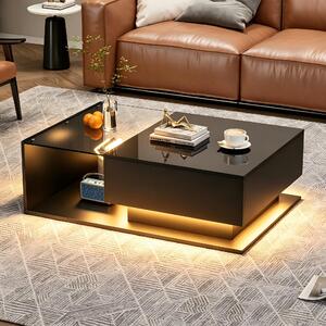 Tavolino da divano, dimensioni 100x50x32 cm, realizzato in pannello di particelle al 100%, colore nero, con piano in vetro, 1 cassetto e illuminazione LED, piano superiore in finitura lucida