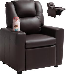 Poltrona per bambini - Poltrona relax con funzione reclinabile - Schienale regolabile da 101° a 121° - Finto cuoio - Con poggiapiedi e portabevande - Portata massima 41 kg - Marrone