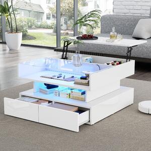 Tavolino da salotto, dimensioni 80 x 80 x 45 cm, realizzato in pannello di particelle al 100%, con piano in vetro temperato, colore bianco, con altezza regolabile, dotato di spazio contenitivo nascosto e 2 cassetti
