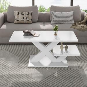 Tavolino da salotto, dimensioni 100x48x45 cm, realizzato in MDF al 100%, colore bianco, forma rettangolare, superficie lucida, dotato di doppio ripiano e struttura a forma di "X"