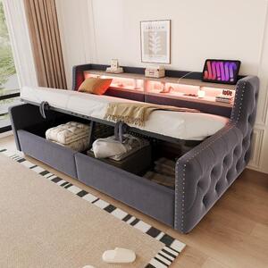 Divano letto 90x200 cm in velluto color grigio scuro, con vano contenitore a sollevamento idraulico, illuminazione a LED, ripiano portaoggetti, presa di corrente, porte USB e di tipo C, e rete a doghe