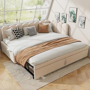 Divano letto 90x200 cm a forma di L, con meccanismo estraibile, rivestito in velluto beige. Si trasforma in un letto di dimensioni 180x200 cm. Ideale per camere da ospiti, dotato di schienale e poggiatesta
