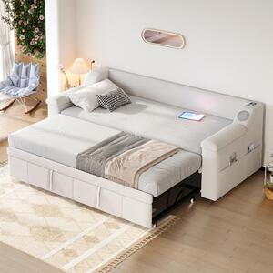 Divano letto imbottito, dimensioni 90x190 cm, estendibile a 180x190 cm, rivestito in velluto color beige, dotato di sistema stereo Bluetooth, porta USB e vani portaoggetti